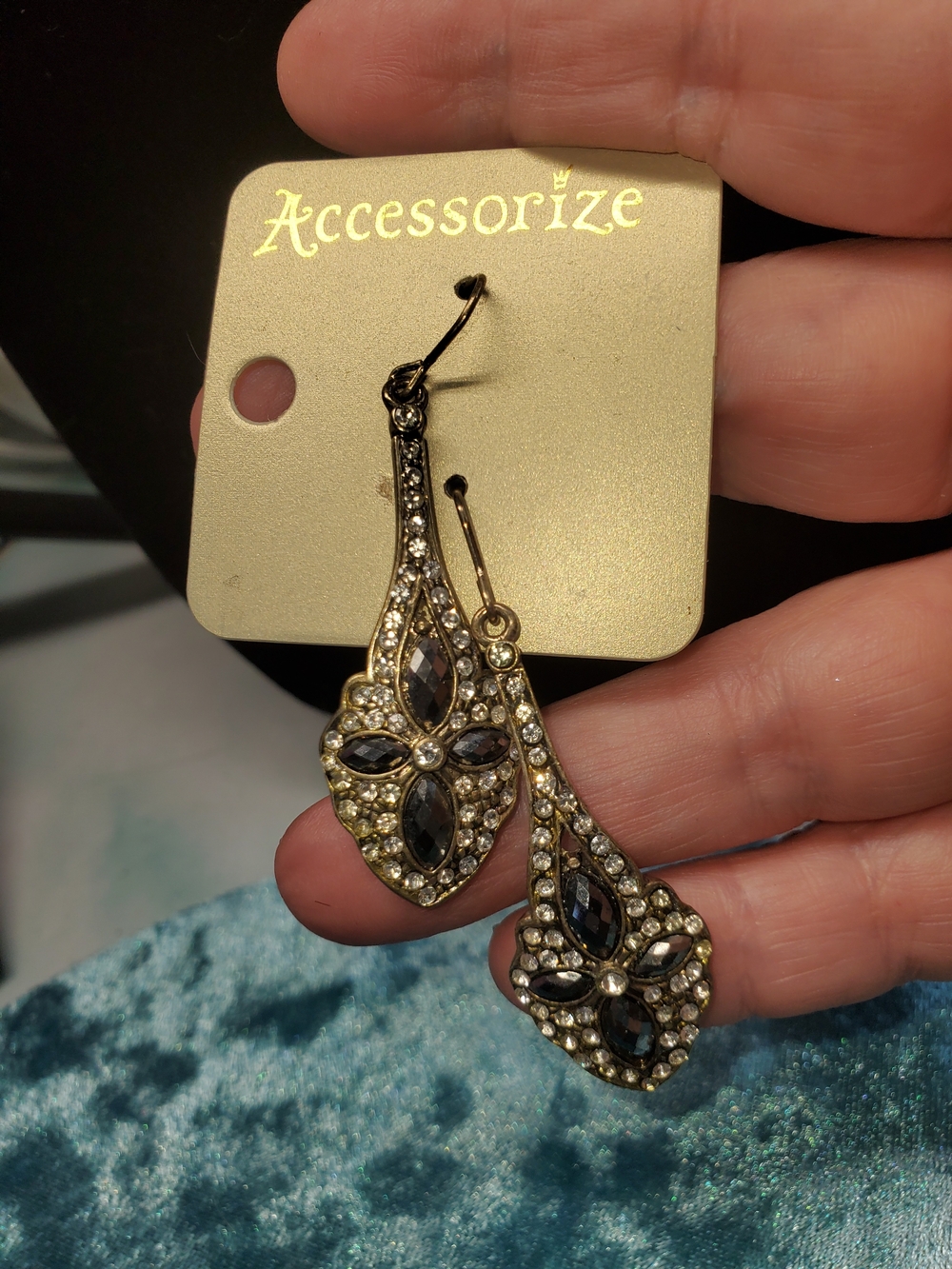 Accessorize Gold-Tone Drop Earrings with Black and Clear Stones
